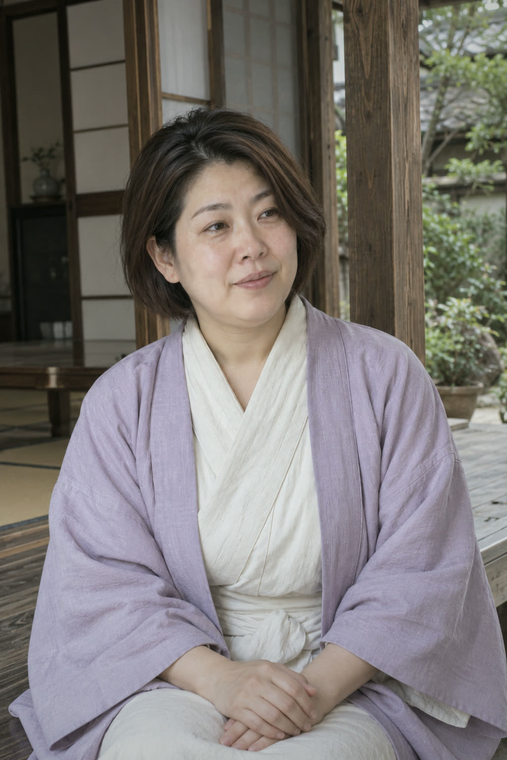 縁側で話を聞く文乃