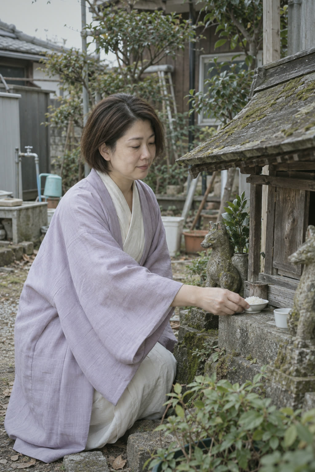 朝、お社にお米を供える文乃